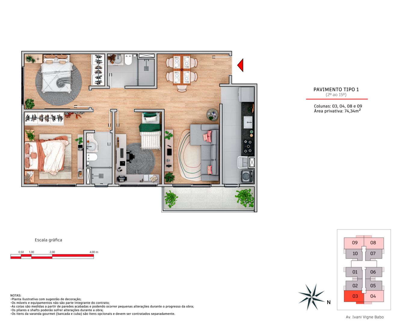 Planta humanizada Tipo 1 com 3 quartos do Oásis II Residencial